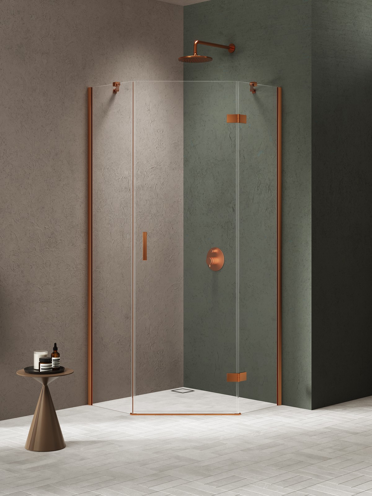 NESTA Copper Brushed egy ajtós ötszögletes zuhanykabin