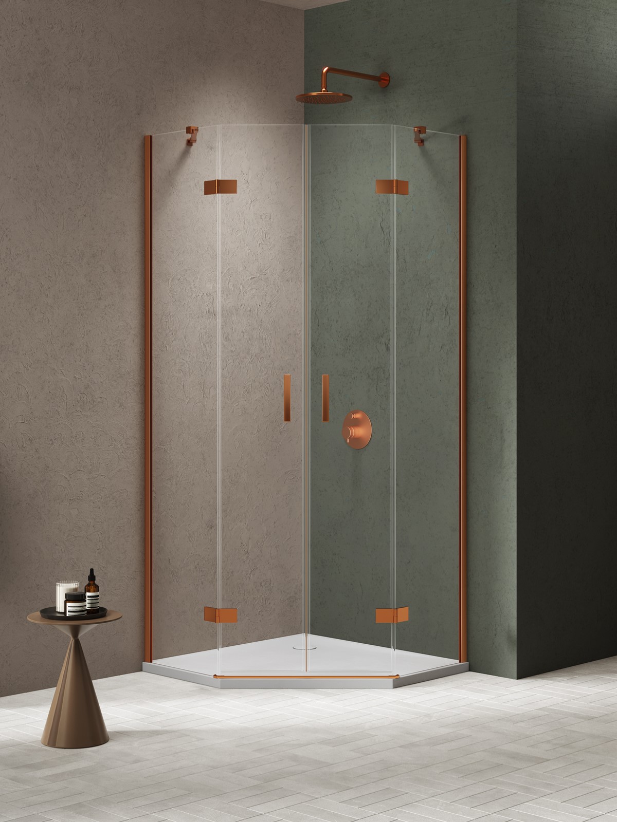 NESTA Copper Brushed két ajtós ötszögletes zuhanykabin