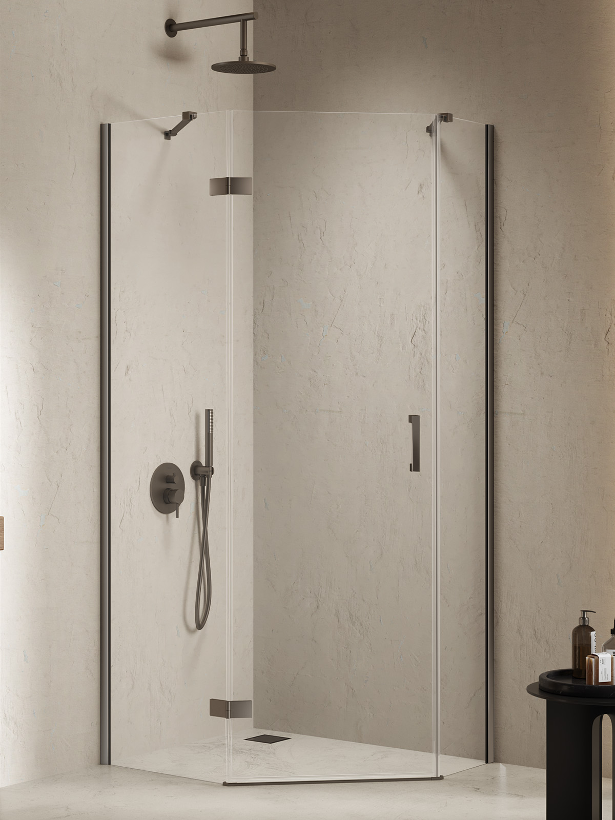 NESTA Gunmetal aszimmetrikus egy ajtós ötszögletes zuhanykabin