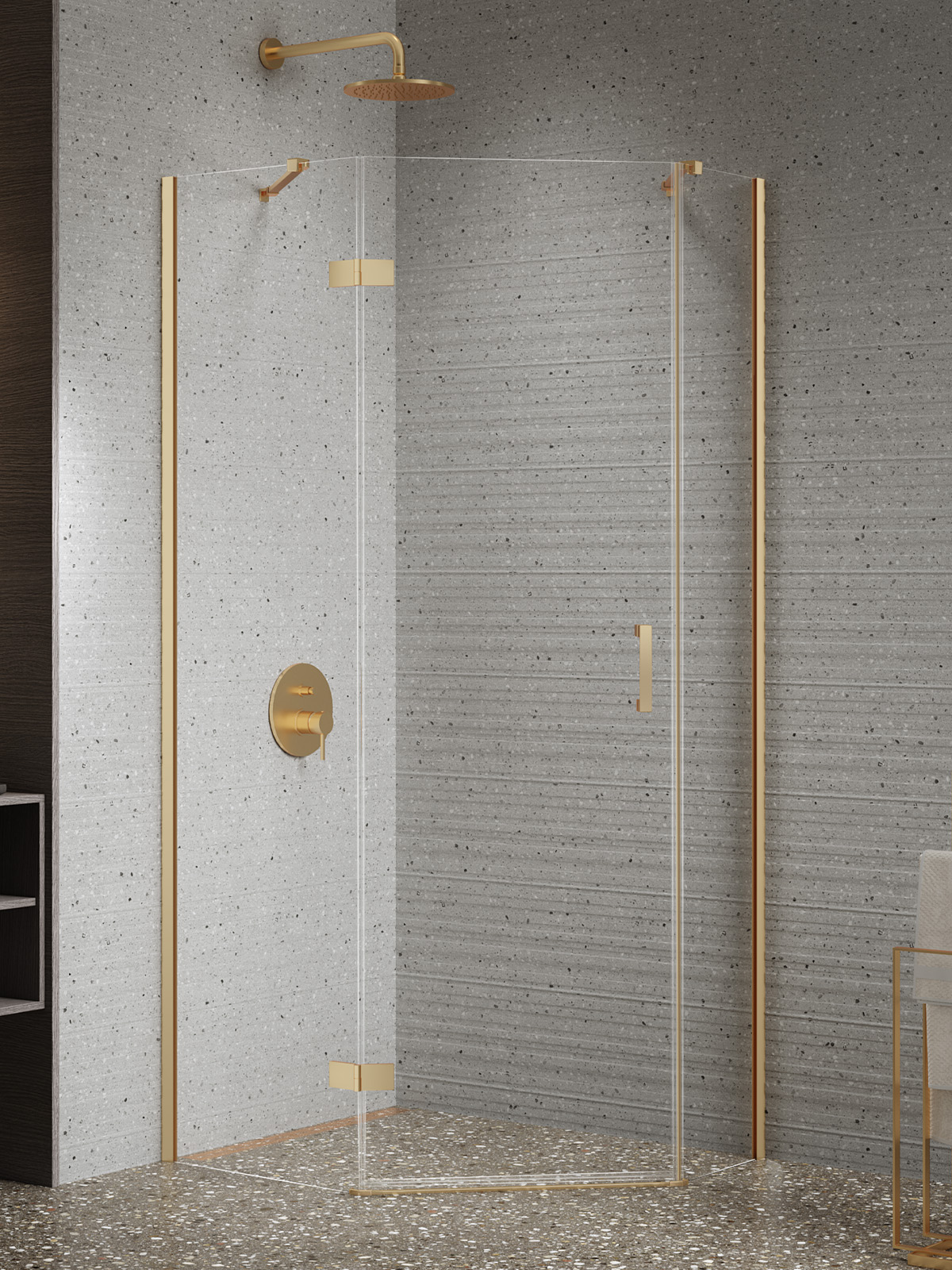 NESTA Gold Brushed aszimmetrikus egy ajtós ötszögletes zuhanykabin