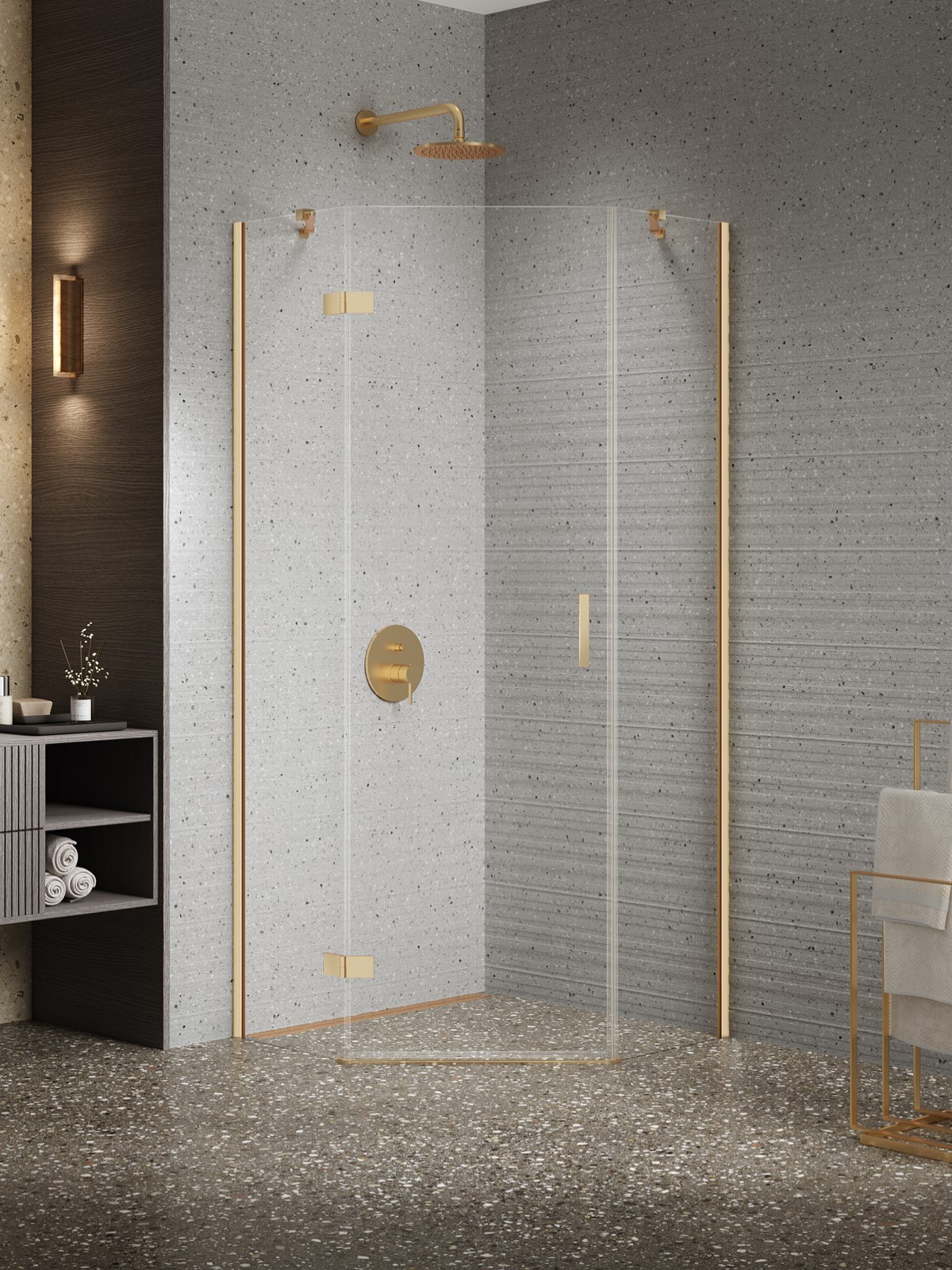 NESTA Gold Brushed egy ajtós ötszögletes zuhanykabin