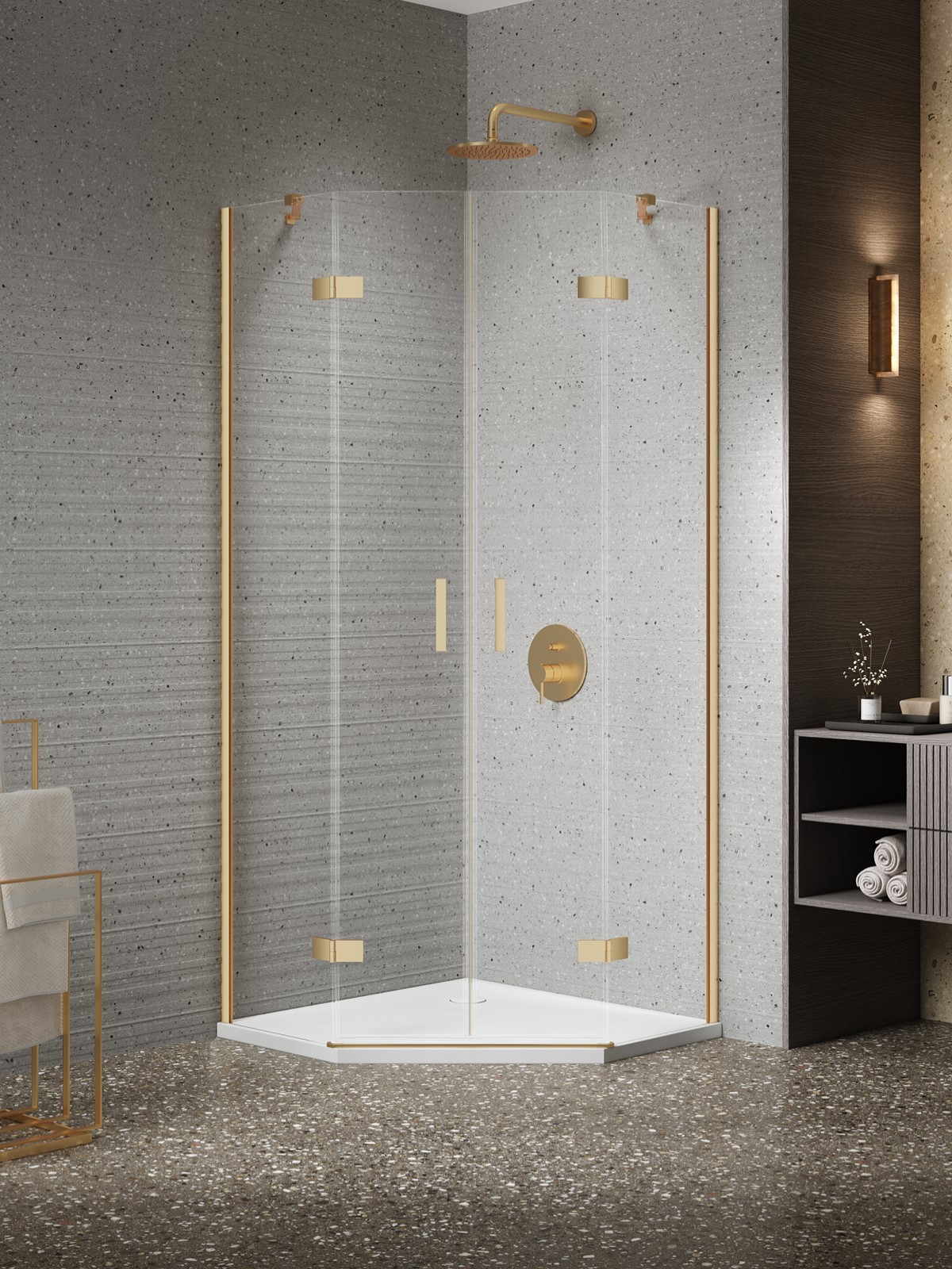 NESTA Gold Brushed két ajtós ötszögletes zuhanykabin