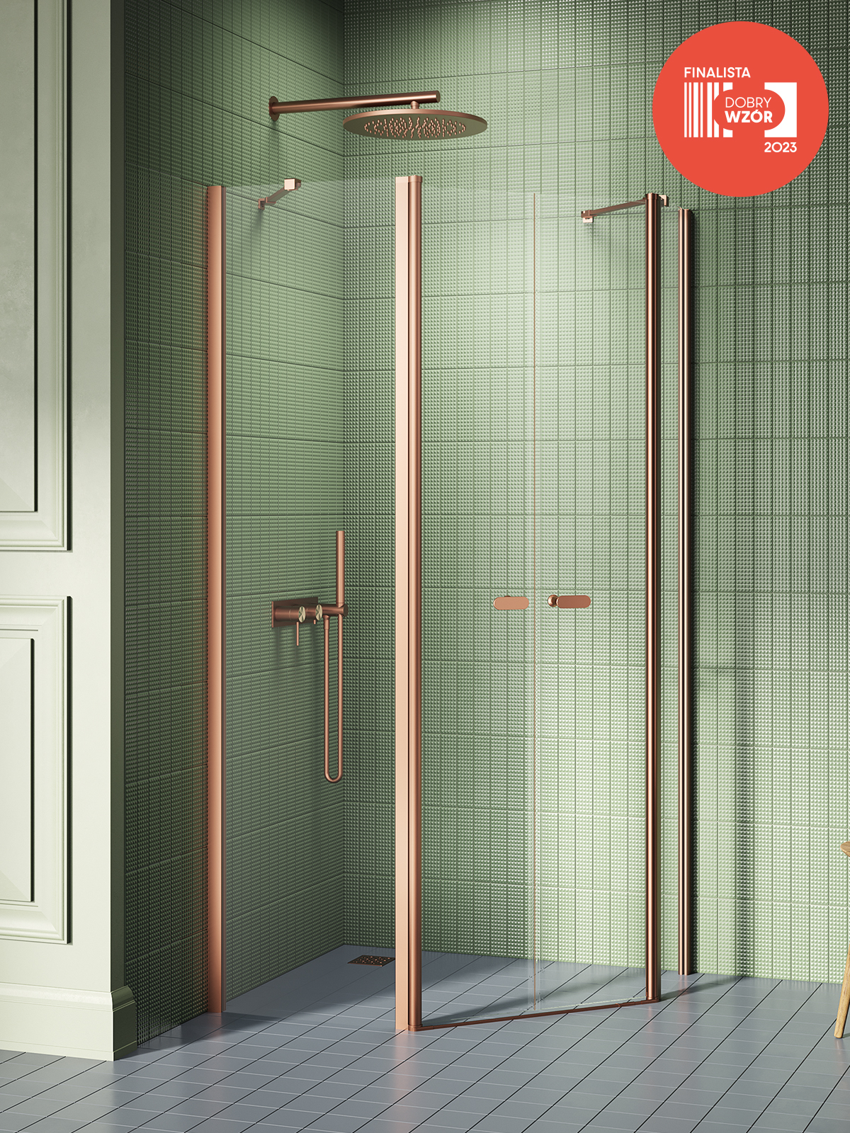 NEW SOLEO Copper Brushed két ajtós ötszögletű aszimmetrikus zuhanykabin