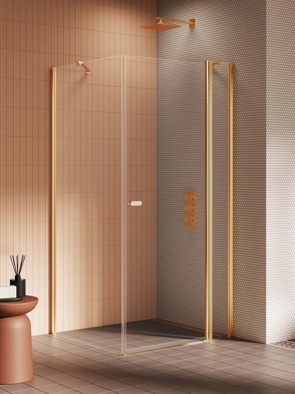 NEW SOLEO Gold Brushed egy ajtós, fix résszel szögletes zuhanykabin