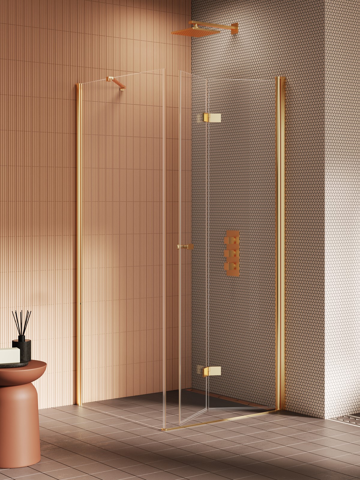 NEW SOLEO Gold Brushed egy harmonika ajtós szögletes zuhanykabin