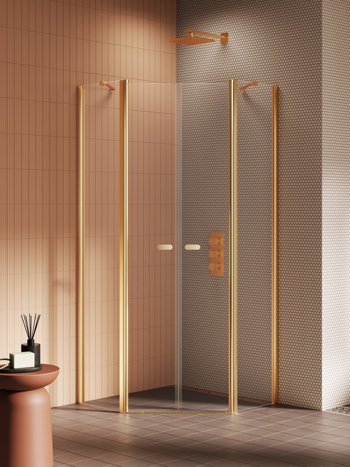 NEW SOLEO Gold Brushed két ajtós ötszögletű zuhanykabin