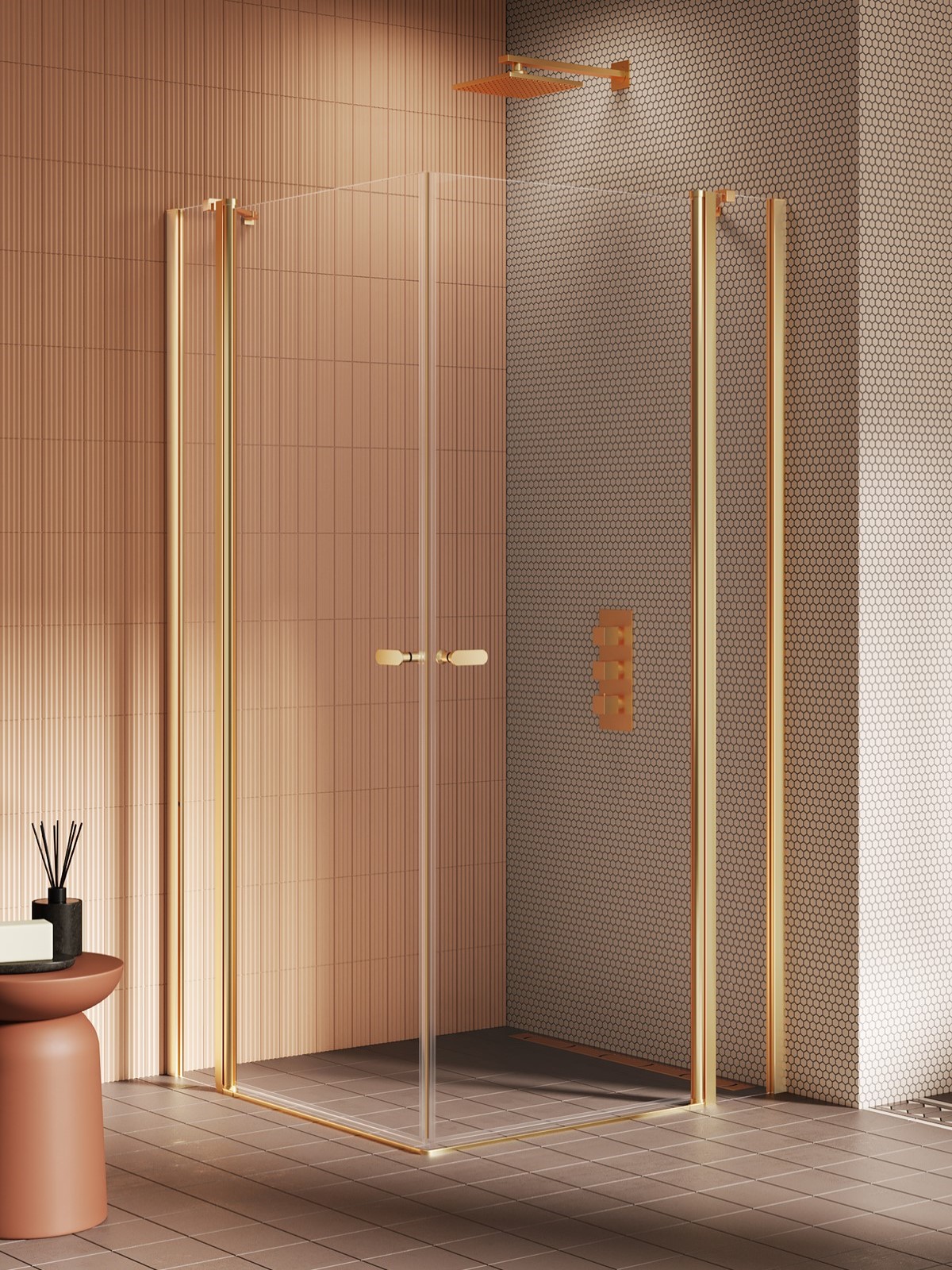 NEW SOLEO Gold Brushed két ajtós, fix részekkel szögletes zuhanykabin