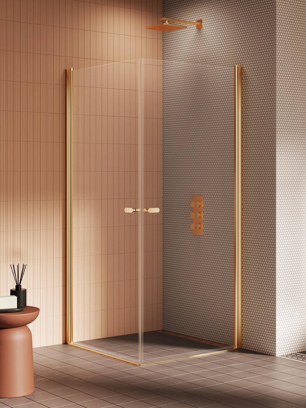 NEW SOLEO Gold Brushed két ajtós szögletes zuhanykabin
