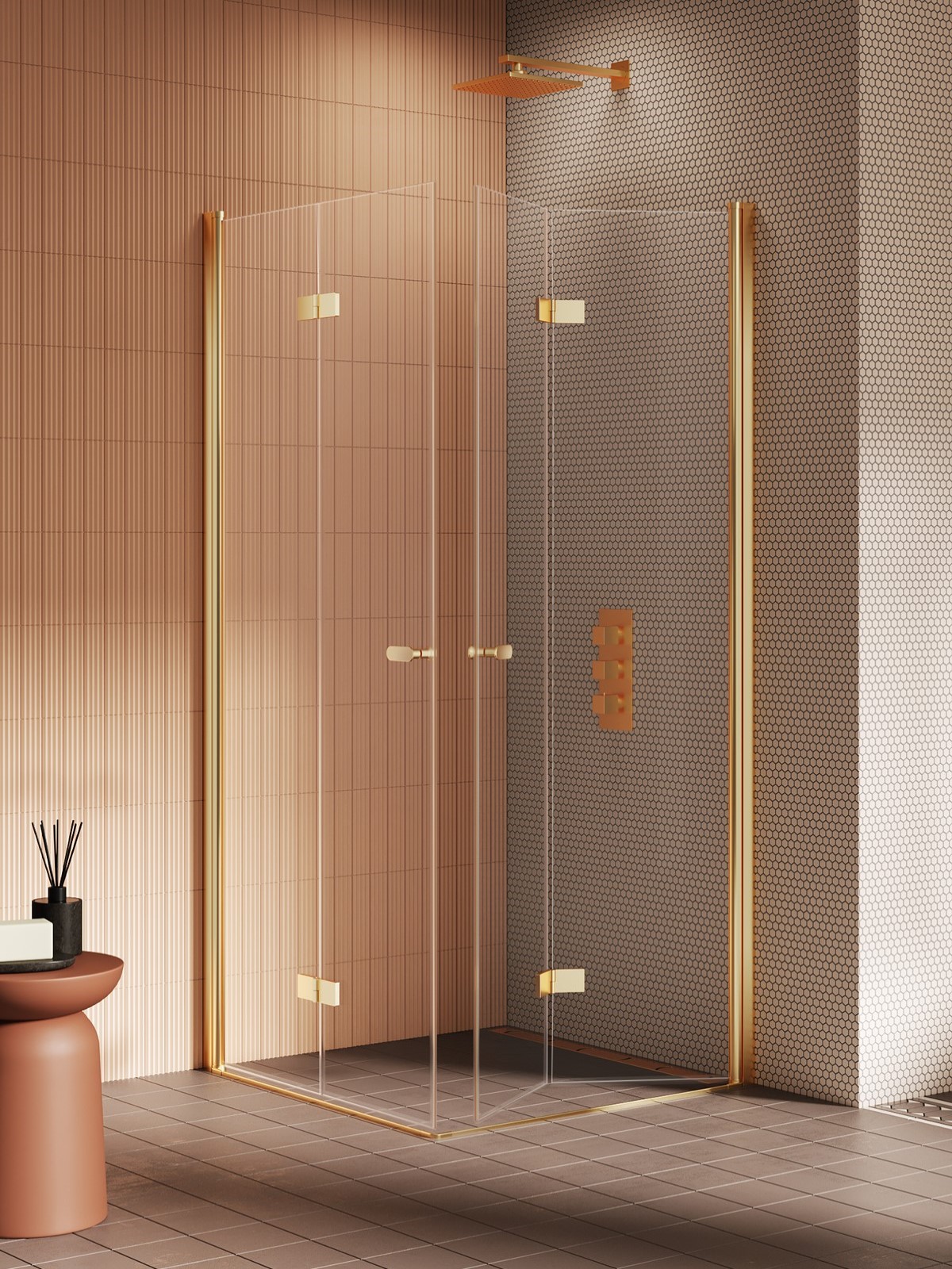 NEW SOLEO Gold Brushed két harmonika ajtós szögletes zuhanykabin