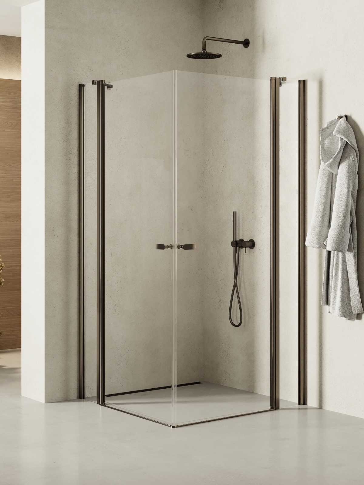 NEW SOLEO Gunmetal két ajtós, fix részekkel szögletes zuhanykabin