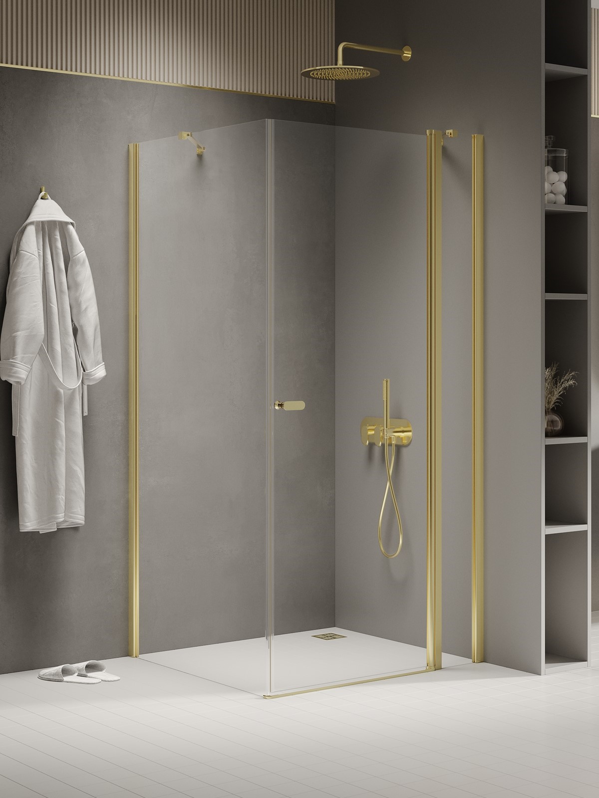 NEW SOLEO Light Gold egy ajtós, fix résszel szögletes zuhanykabin