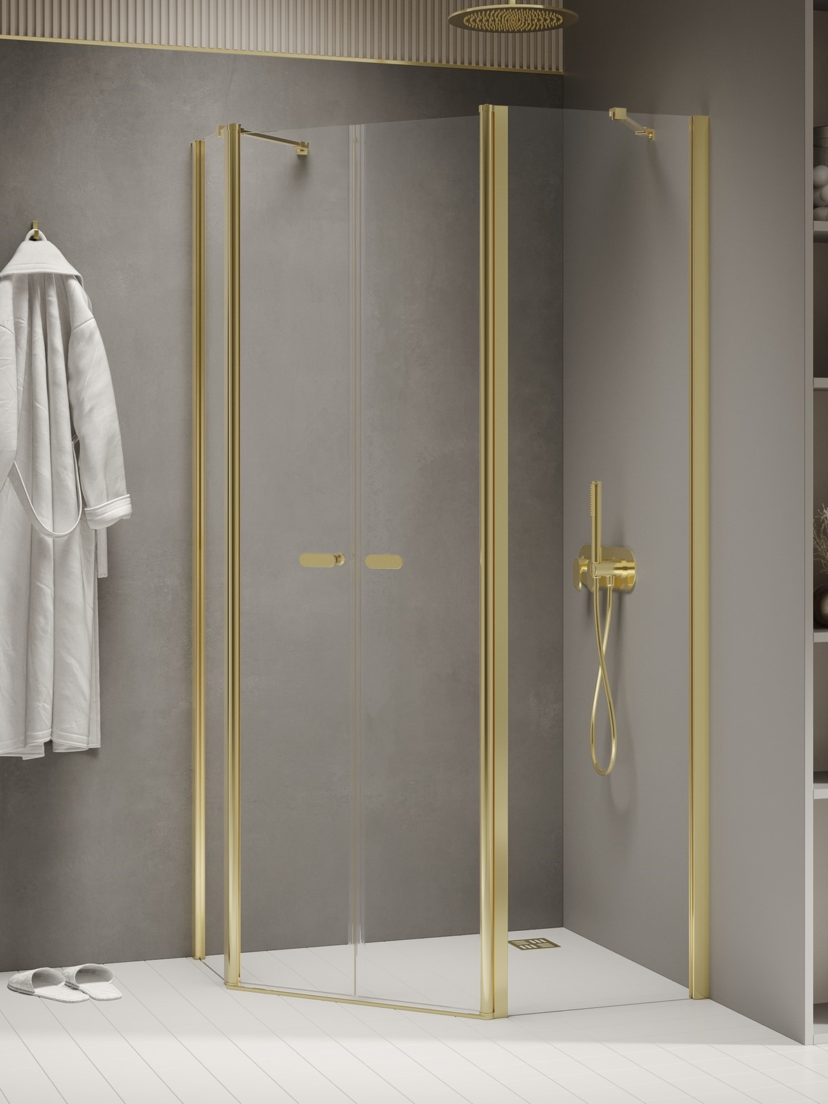 NEW SOLEO Light Gold két ajtós ötszögletű aszimmetrikus zuhanykabin