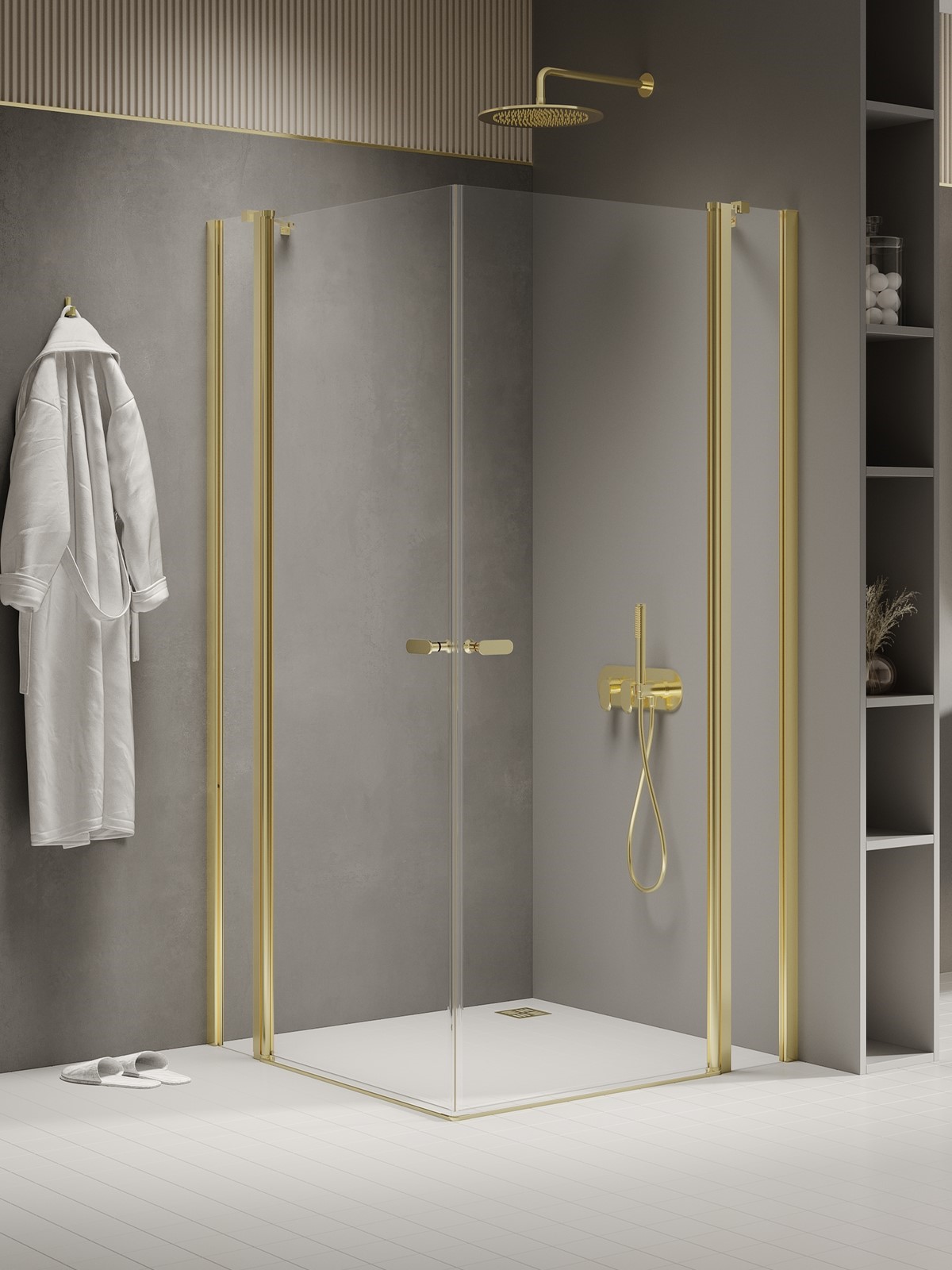 NEW SOLEO Light Gold két ajtós, fix részekkel szögletes zuhanykabin
