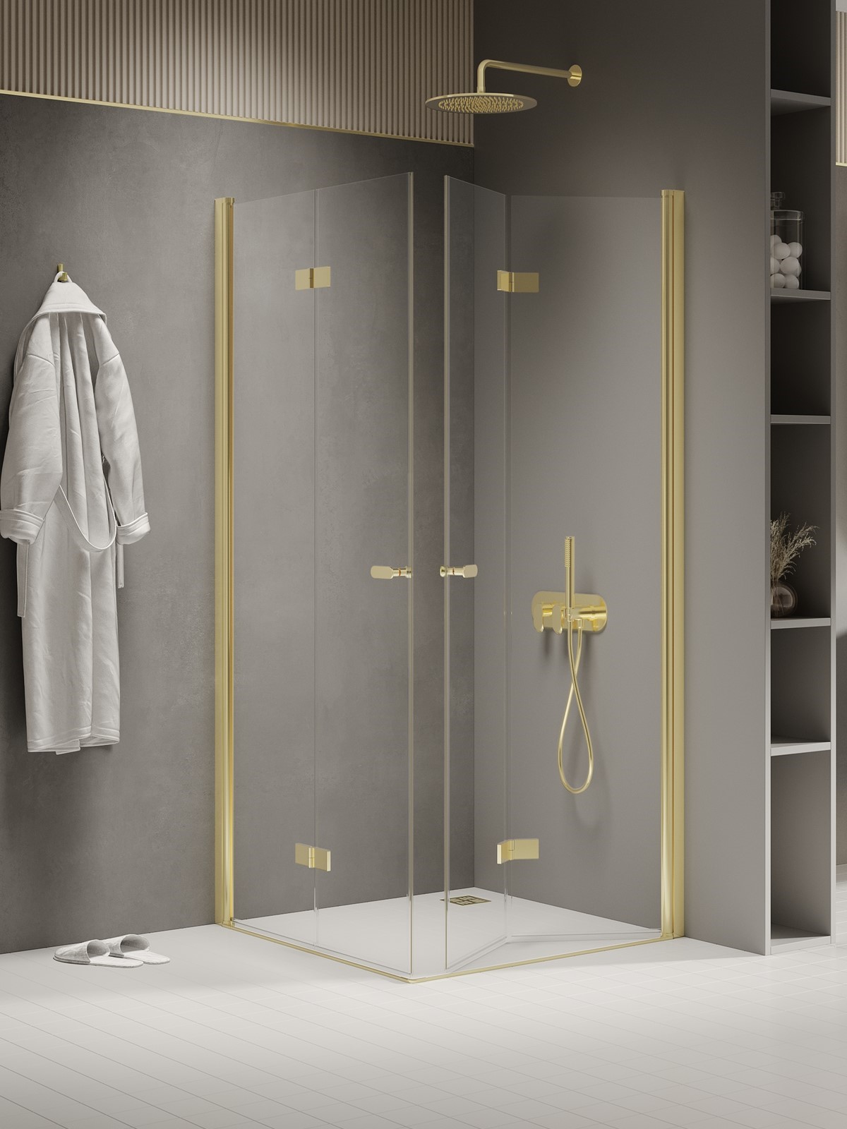 NEW SOLEO Light Gold két harmonika ajtós szögletes zuhanykabin