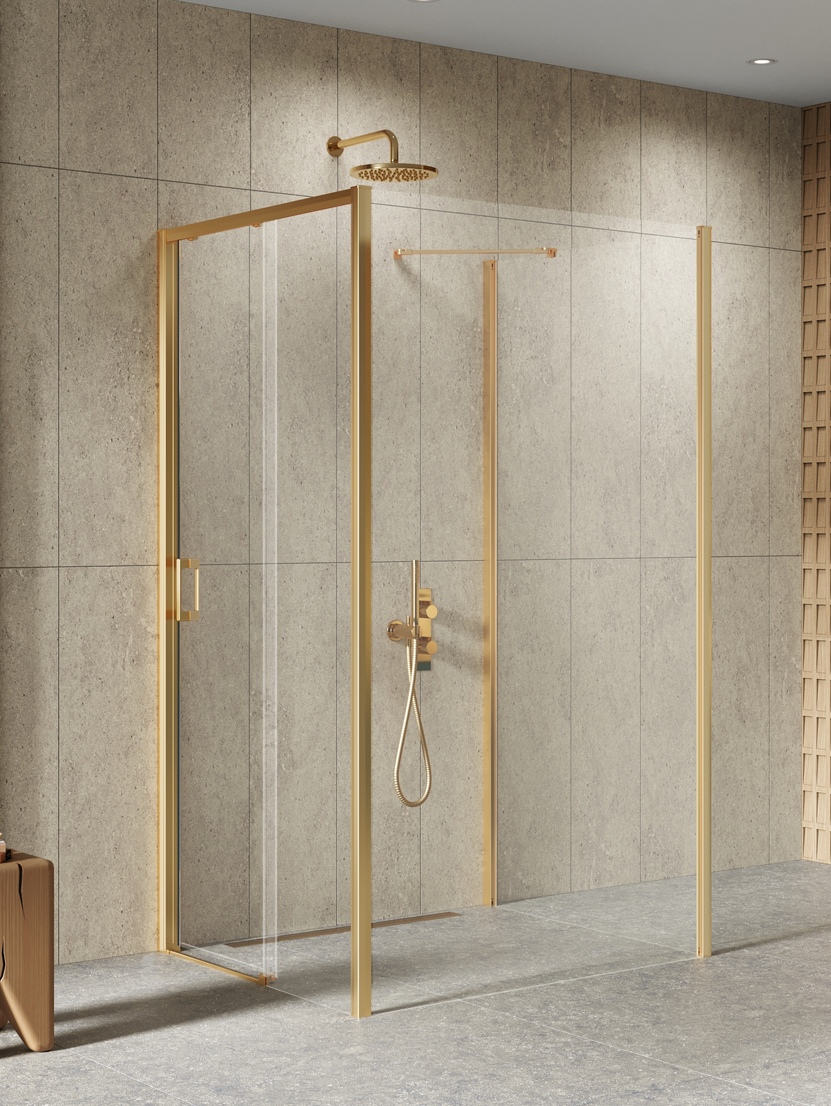 PRIME Gold Brushed háromoldalú, tolóajtós, szögletes zuhanykabin; ajtó rövid oldalon, falról nyíló