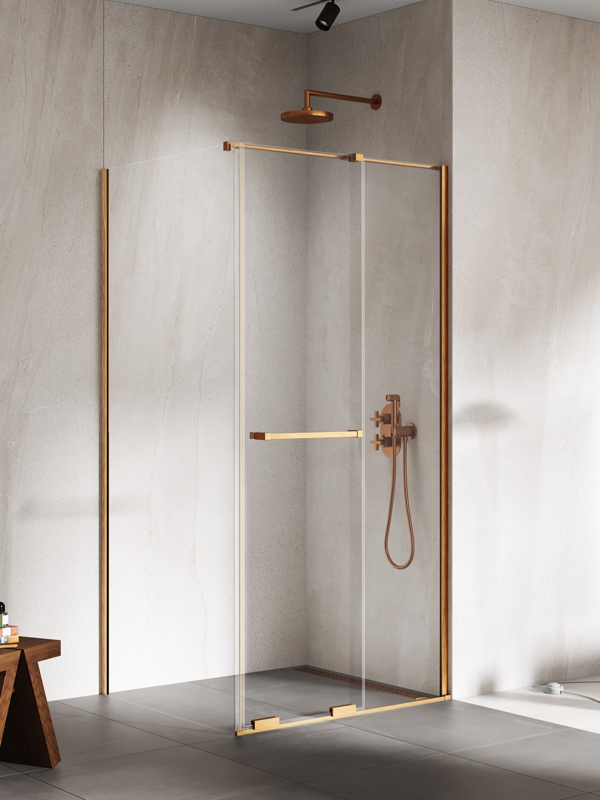 SMART Copper Brushed egy ajtós szögletes zuhanykabin törölközőtartóval